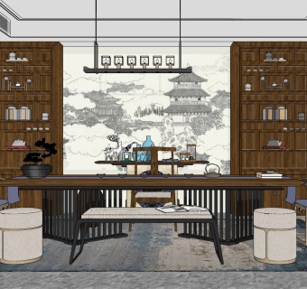 新中式茶室，书房，书柜，茶桌椅，书桌吊灯 su草图模型下载