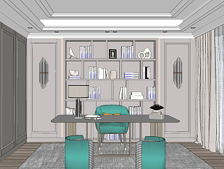 美式欧式轻奢书房，书桌椅，书柜<em>壁灯</em>su草图模型下载