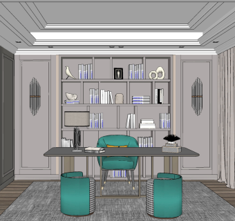 美式欧式轻奢书房，书桌椅，书柜壁灯su草图模型下载