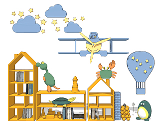 现代<em>儿童玩具柜</em>，书柜，飞机热气球墙饰su草图模型下载