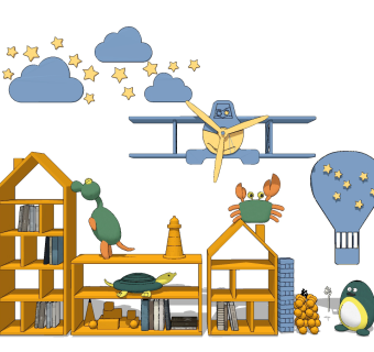 现代儿童玩具柜，书柜，飞机热气球墙饰su草图模型下载