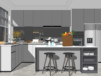现代简约厨房<em>冰箱</em>吧台厨具组合su草图模型下载