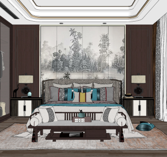 新中式样板间，主卧室，su草图模型下载