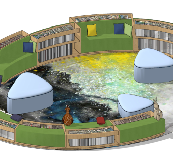 现代儿童书柜卡座，书店坐凳su草图模型下载