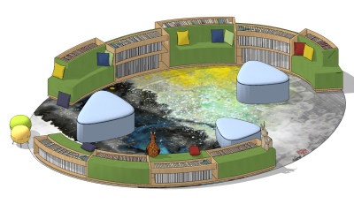 现代儿童书柜卡座，书店坐凳su草图模型下载