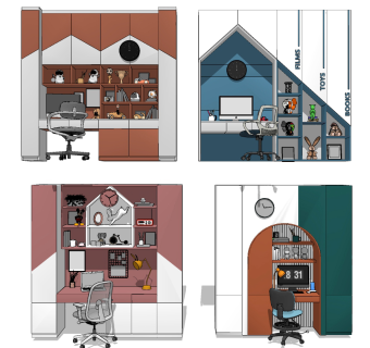 现代儿童书柜书桌，电脑椅，su草图模型下载