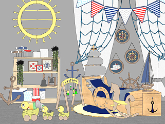 地中海儿童房玩具卡通柜，小黄鸭玩具柜，渔网，床墙饰...