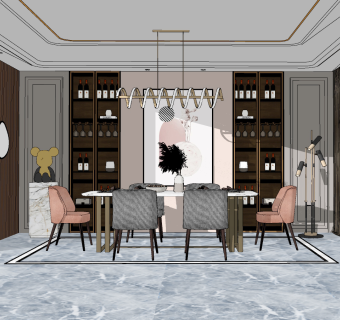 现代餐厅餐桌椅，吊灯su草图模型下载