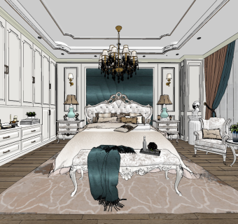 欧式法式卧室su草图模型下载