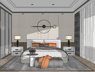 现代<em>样板</em>间卧室，双人床，su草图模型下载