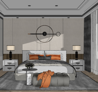 现代样板间卧室，双人床，su草图模型下载