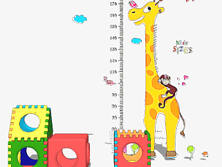 现代儿童<em>长颈鹿</em>身高标尺，身高贴<em>su</em>草图<em>模型</em>下载
