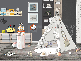 现代儿童帐篷玩具柜，机器人墙饰挂饰su草图模型下载