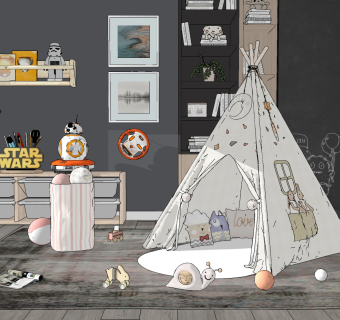 现代儿童帐篷玩具柜，机器人墙饰挂饰su草图模型下载