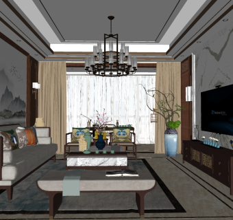 新中式客厅su草图模型下载