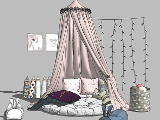 现代儿童帐篷<em>软</em>，布幔，垫兔子造型枕头su草图模型下载
