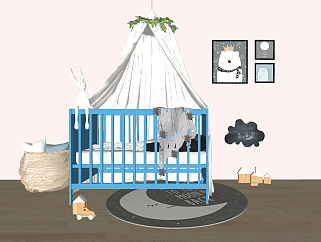 现代儿童床<em>婴儿</em>床，床蔓挂画su草图模型下载
