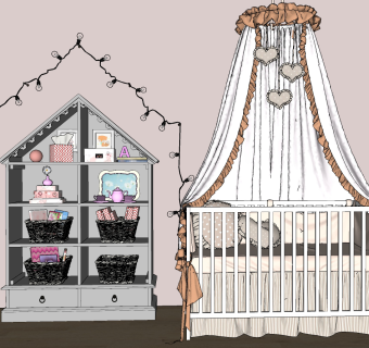 现代儿童床婴儿床，玩具柜床蔓，su草图模型下载