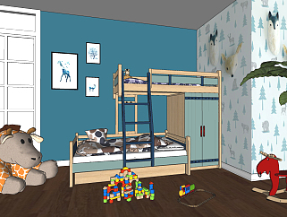 现代<em>儿童</em>房，上下铺<em>儿童床</em>，上下床su草图模型下载
