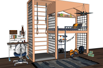 现代实木儿童床，上下床铺，小黄人玩具飞机吊灯玩具su草图模型下载