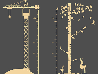 现代塔吊树木儿童身高贴，标尺su草图模型下载