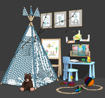 北欧儿童帐篷，玩具学习桌，挂画，画板su草图模型下载