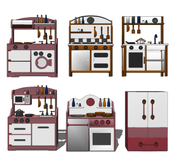 现代儿童过家家厨房玩具，橱柜，洗手台su草图模型下载