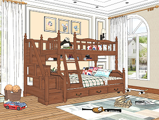 美式欧式儿童床上下床，上<em>下铺</em>su草图模型下载
