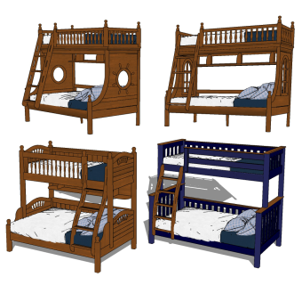 美式欧式实木上下床，上下铺，儿童床su草图模型下载
