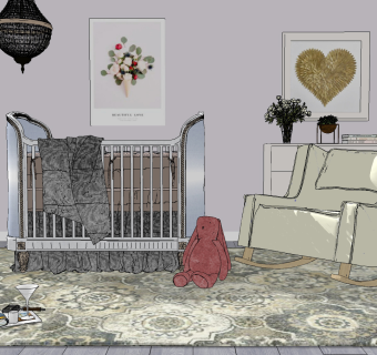 美式欧式婴儿床摇椅，摇篮，兔子玩具su草图模型下载