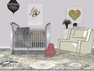 美式欧式婴儿床摇椅，<em>摇篮</em>，兔子玩具su草图模型下载