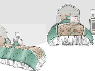 欧式美式布艺儿童床，单人床，床头柜su草图模型下载