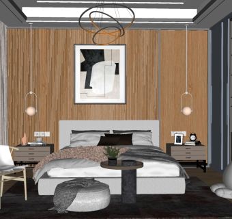 现代北欧轻奢卧室su草图模型下载