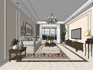 美式欧式客厅，沙发茶几，电视柜，留声机su草图模型下载