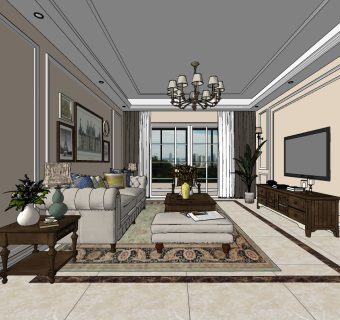 美式欧式客厅，沙发茶几，电视柜，留声机su草图模型下载