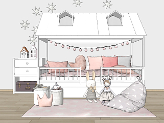 北欧架子床儿童床，兔子玩具，玩具袋su草图模型下载