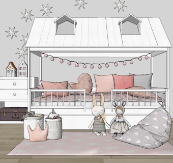 北欧架子床儿童床，兔子玩具，玩具袋su草图模型下载