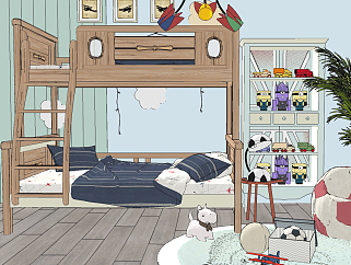 北欧上下铺儿童床，上下床，玩具足球沙发玩具柜吊灯su草图模型下载