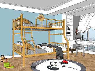 北欧上下铺儿童床，架子床，圆形地毯su草图模型下载