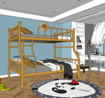 北欧上下铺儿童床，架子床，圆形地毯su草图模型下载
