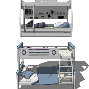 北欧上下铺儿童床，架子床su草图模型下载