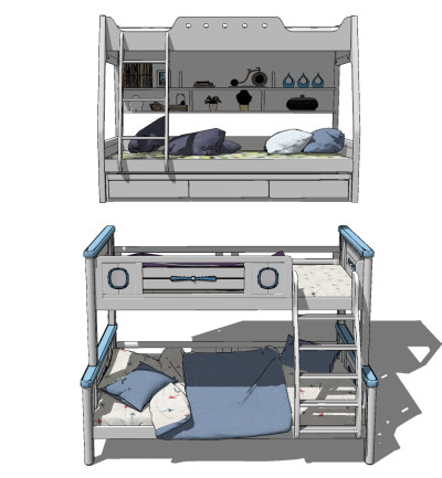 北欧上下铺儿童床，架子床su草图模型下载