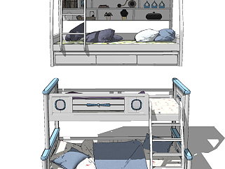 北欧上下铺儿童床，架子床su草图模型下载