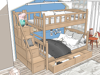 北欧<em>原木</em>上下铺儿童床，上下床，架子床su草图模型下载