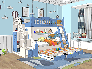 地中海上下床儿童床，墙饰挂饰，<em>窗帘</em>，su草图模型下载
