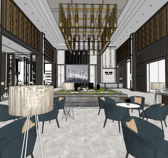 新中式售楼大厅，沙盘区su草图模型下载