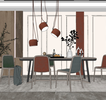 现代餐桌椅，吊灯盆栽su草图模型下载