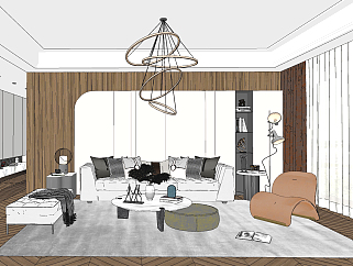 现代<em>客厅</em>，沙发单人沙发，沙发凳，茶几异形吊灯su草图...