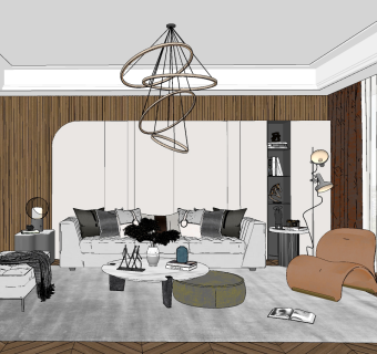 现代客厅，沙发单人沙发，沙发凳，茶几异形吊灯su草图模型下载