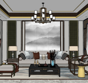新中式风格家居客厅，沙发茶几单人椅子，沙发凳吊灯su草图模型下载